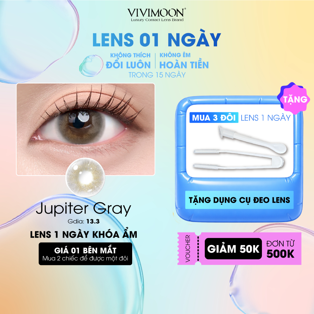 VIVIMOON lens cận khóa ẩm 1 ngày màu xám pha ánh vàng Jupiter Gray (Giá 01 chiếc/01 bên mắt - x2 để 