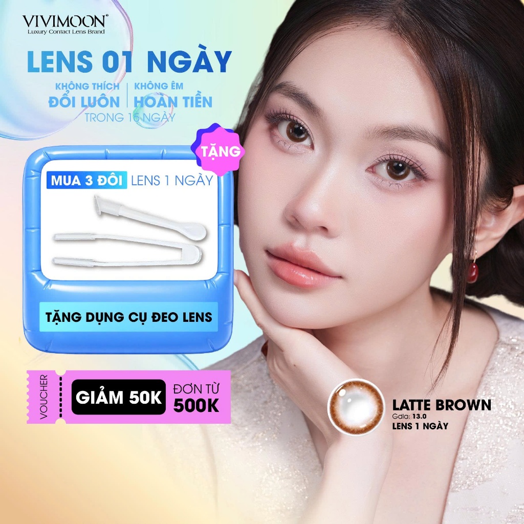 VIVIMOON lens cận 1 ngày VIVIMOON khóa ẩm màu nâu tự nhiên Latte Brown (Giá 01 chiếc/01 bên mắt)