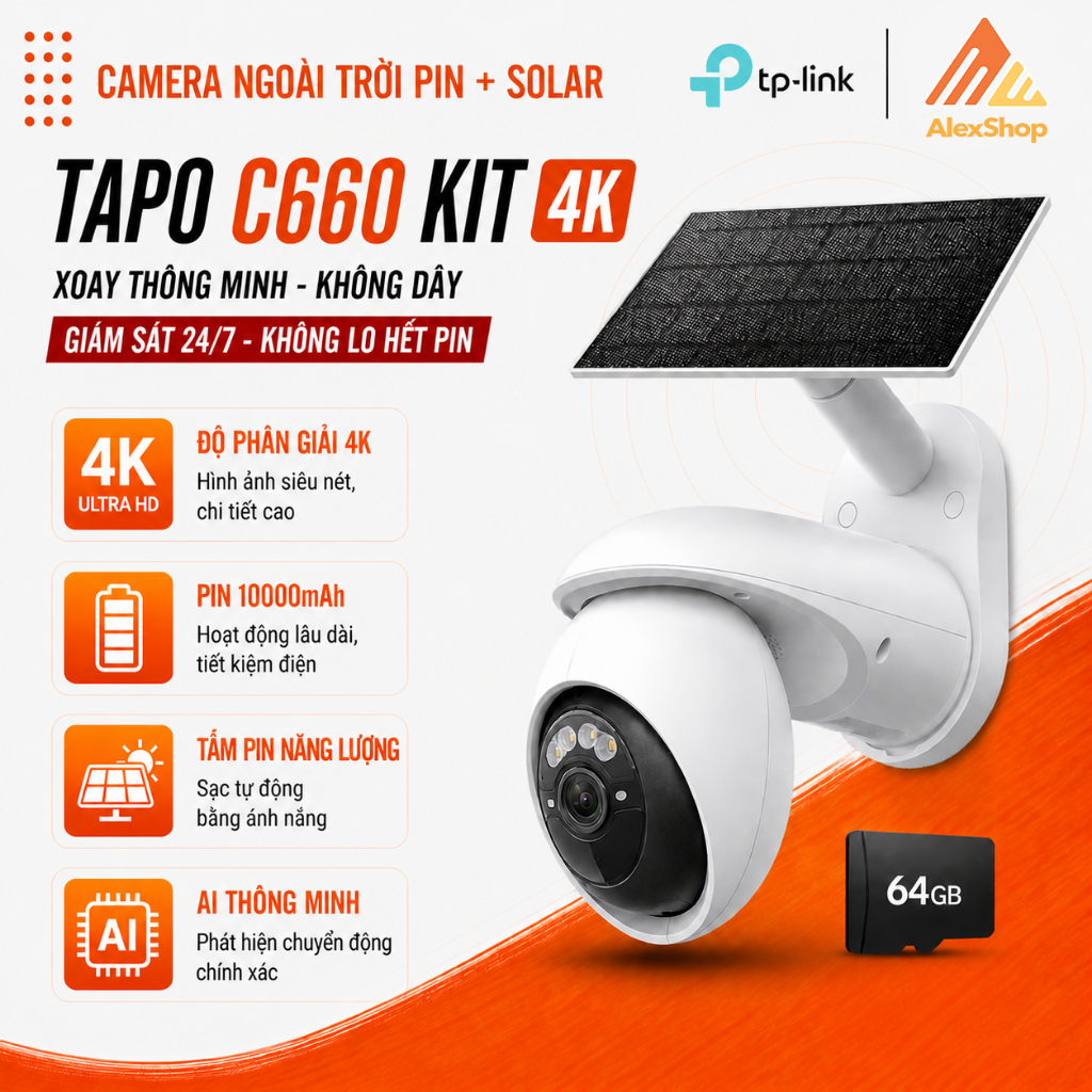 [COMBO-4K] Tapo C660 KIT 4K + Thẻ 64Gb, Camera AI Đa Dụng Xoay, Pin 10.000mAh, Có Tắm Năng Lượng Mặt