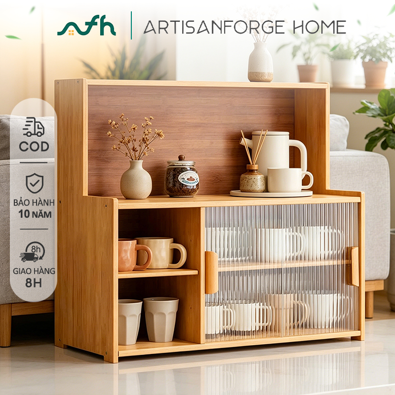 Artisan Forge Home Tủ Để Đồ Tủ Đựng Ly Tách Cafe Đa Năng Go Tre Tự Nhiên 3 Tầng Dễ Lắp Ráp