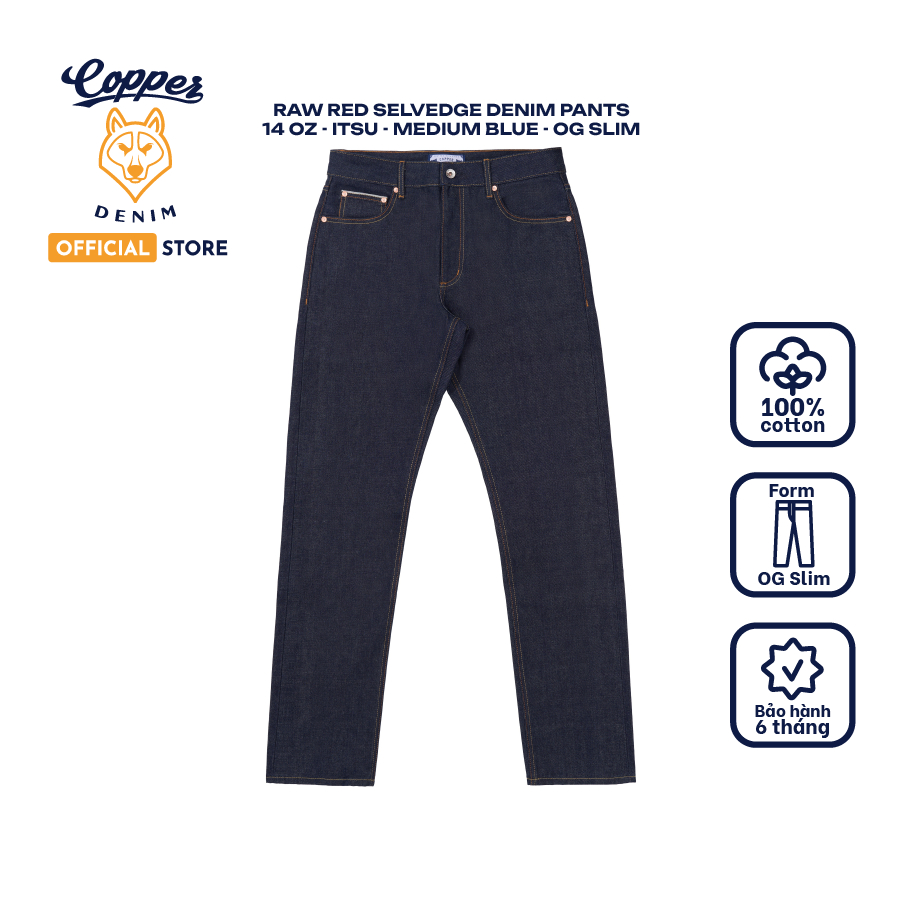 [NEW] Quần Jeans Nam 14 Oz "Itsu"- raw red selvedge denim, dáng OG slim, màu medium blue - Copper De