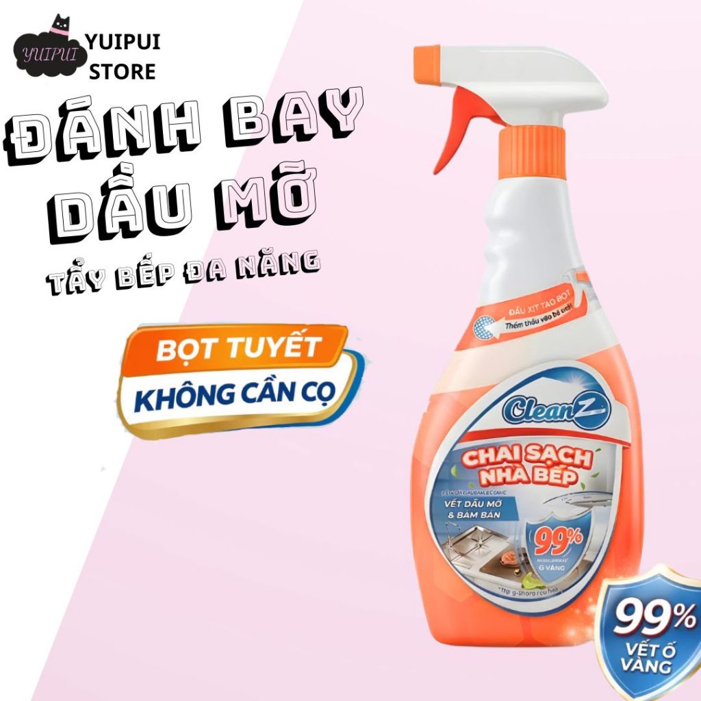 Chai sạch nhà bếp Cleanz hương chanh dung tích 450ml, chai xịt tẩy dầu mỡ cặn bám nồi chảo inox