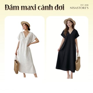 Đầm maxi oversize cổ V tay cánh dơi 2 màu siêu xinh