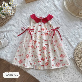 Váy bé gái mùa hè thô lụa cổ sen đỏ họa tiết cherry, đầm sát nách phối nơ size 9-26kg