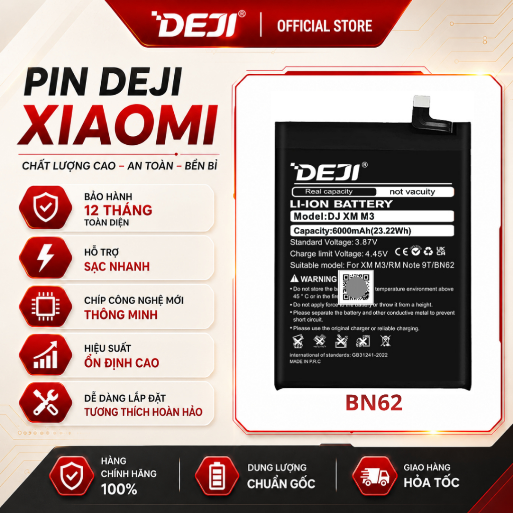 Pin Deji Xiaomi Redmi Note 9 4G / Redmi 9T / Poco M3 (6000mAh) | BN62