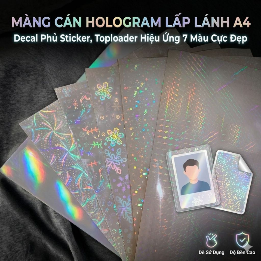 [SẴN] 10 Tờ Màng Cán Hologram Lấp Lánh A4 – Decal Phủ Sticker, Toploader Hiệu Ứng 7 Màu Cực Đẹp