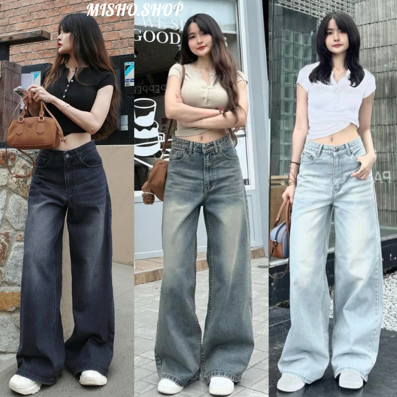 Quần Jean Nữ Ống Suông Rộng Cạp Cao Wash Đen Retro Style Hàn Quốc Hack Dáng Jean Baggy Nữ Hot Trend