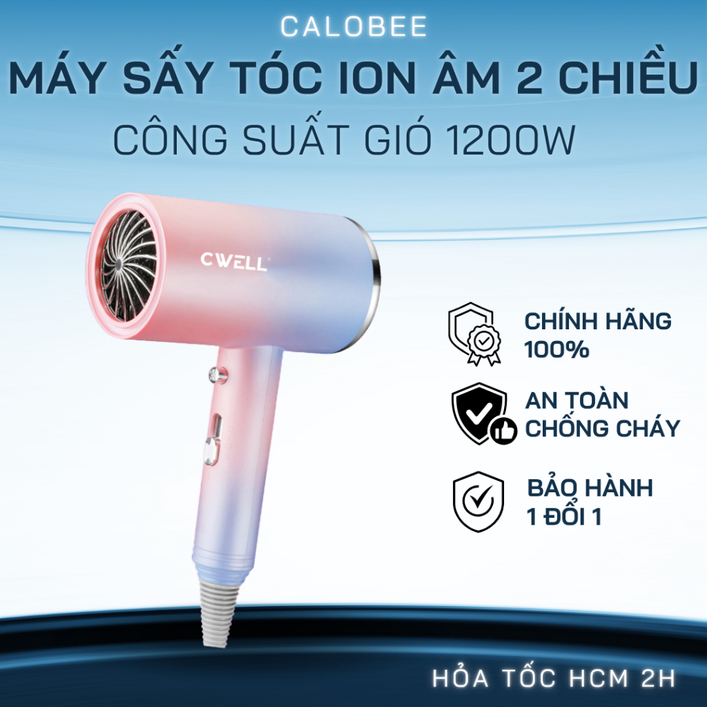 Máy sấy tóc mini CWELL công suất 1200W, 2 chế độ nóng lạnh C02HD - TẶNG ĐẦU SẤY | Calobee