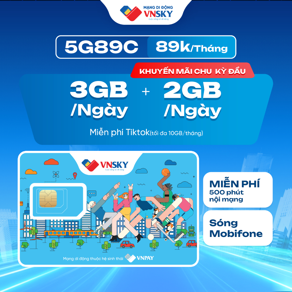5G89C - Sim Data 5G VNSKY(5GB/ngày) sóng MOBIFONE + Tặng data tháng đầu+Miễn phí phút gọi Nội/Ngoại