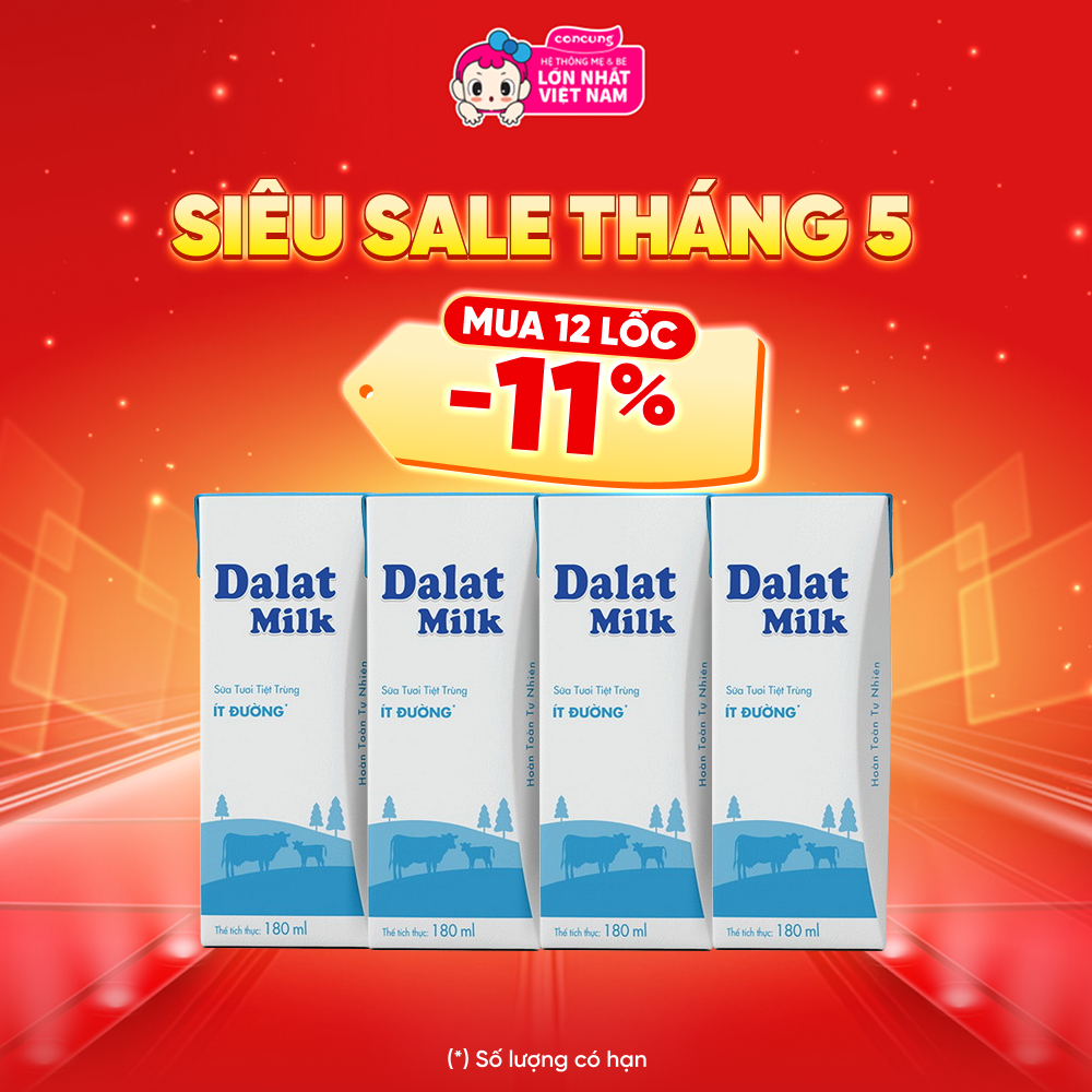 Sữa tươi tiệt trùng Dalat Milk ít đường 180ml (lốc 4 hộp) - Con Cưng