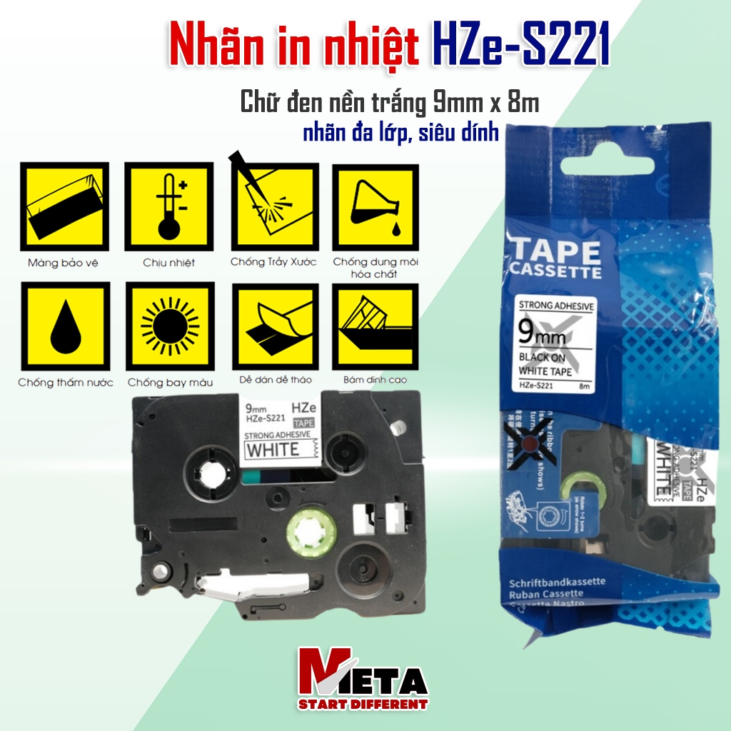Nhãn In HZe-S221 (Chữ Đen Trên Nền Trắng, khổ 9mm X 8M) - Tương Thích Nhãn Brother TZe-S221