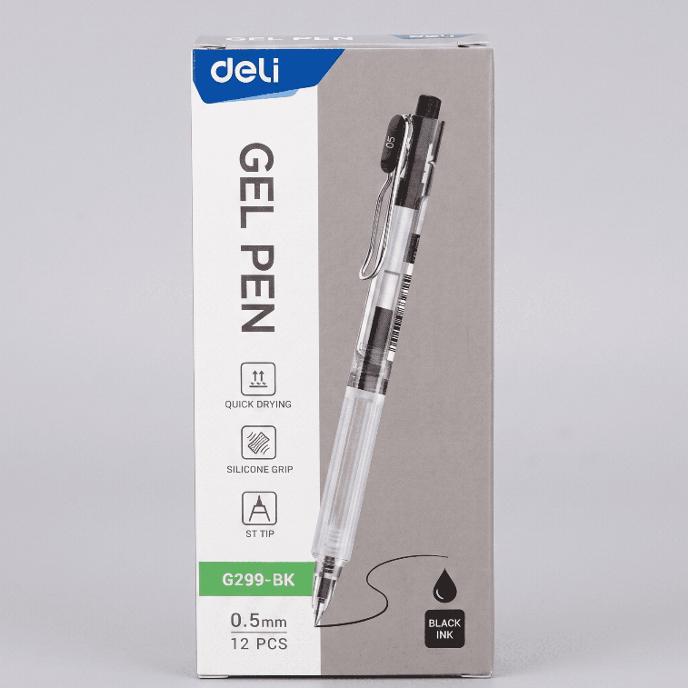 Hộp 12 Bút Gel Bấm Deli G299-BK Mực Đen - Ngòi ST 0.5mm Nhanh Khô, Đệm Silicone
