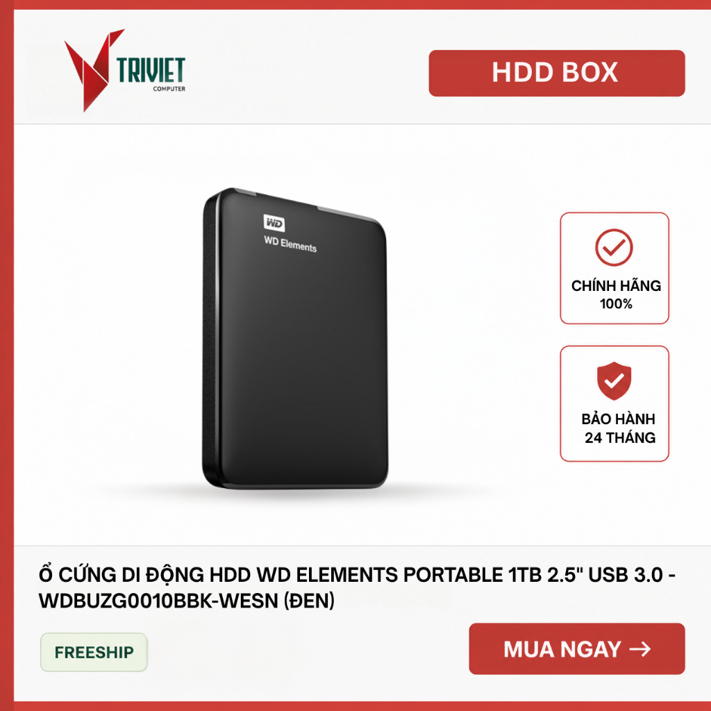 Ổ cứng di động HDD WD Elements Portable 1TB 2.5" USB 3.0 - WDBUZG0010BBK-WESN (Đen)
