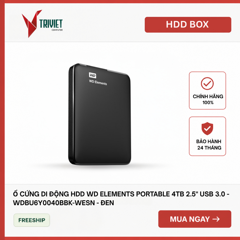Ổ cứng di động HDD WD Elements Portable 4TB 2.5" USB 3.0 - WDBU6Y0040BBK-WESN - Đen