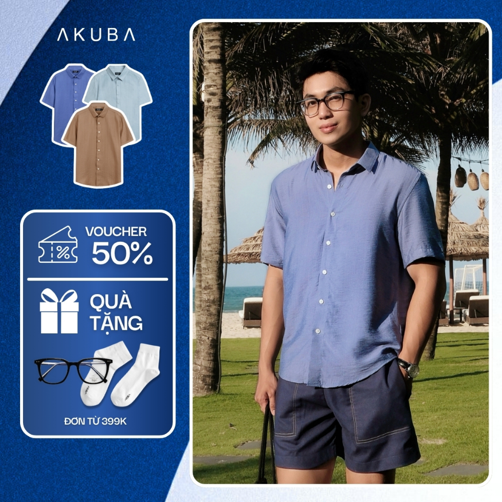 Áo sơ mi nam tay ngắn AKUBA form regular, vải linen thoáng mát, trẻ trung, nam tính | 01ME1024