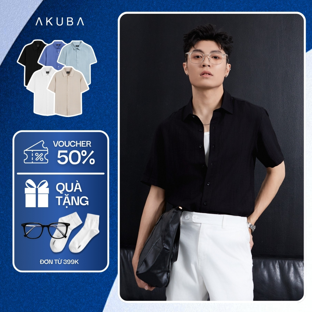Áo sơ mi nam tay ngắn AKUBA form regular, vải linen thoáng mát, trẻ trung, nam tính | 01ME1024