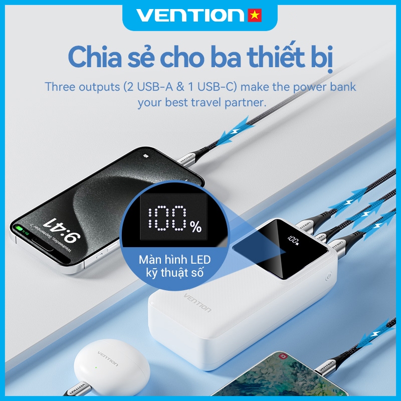 Pin Sạc Dự Phòng 10000mAh 22.5W Vention, 3 Cổng Sạc USB/Type-C/Micro, Hỗ Trợ Sạc Nhanh | BigBuy360 - bigbuy360.vn