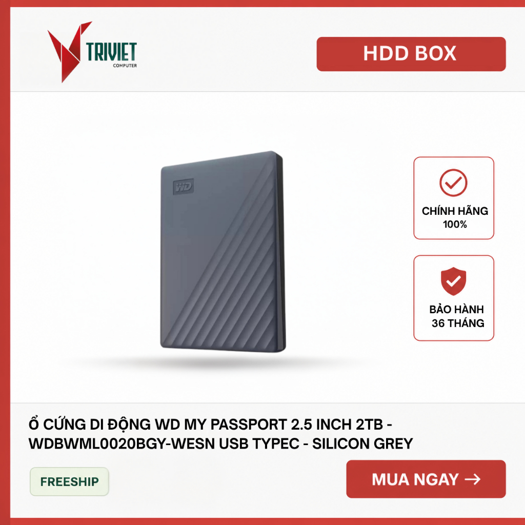 Ổ cứng di động WD My Passport 2.5 inch 2TB - WDBWML0020BGY-WESN USB TypeC - Silicon Grey