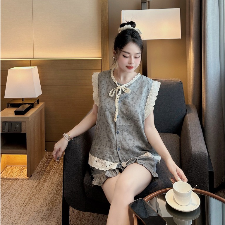 Bộ Đồ Ngủ Nữ Xát Nách Đũi Tơ Xước Phối Ren Bèo Vintage, Đồ Mặc Nhà Mùa Hè Mát Freesize 45-60kg- BL66