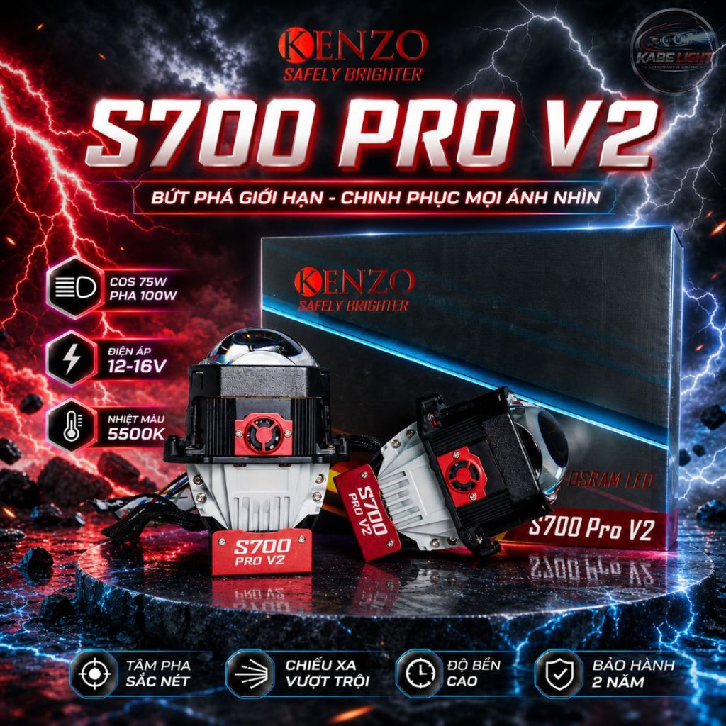 Đèn Bi Led KENZO S700 PRO V2 New 2026 100W, Có Mắt Trợ Pha Led Cực Khủng, Bảo Hành Chính Hãng 2 Năm