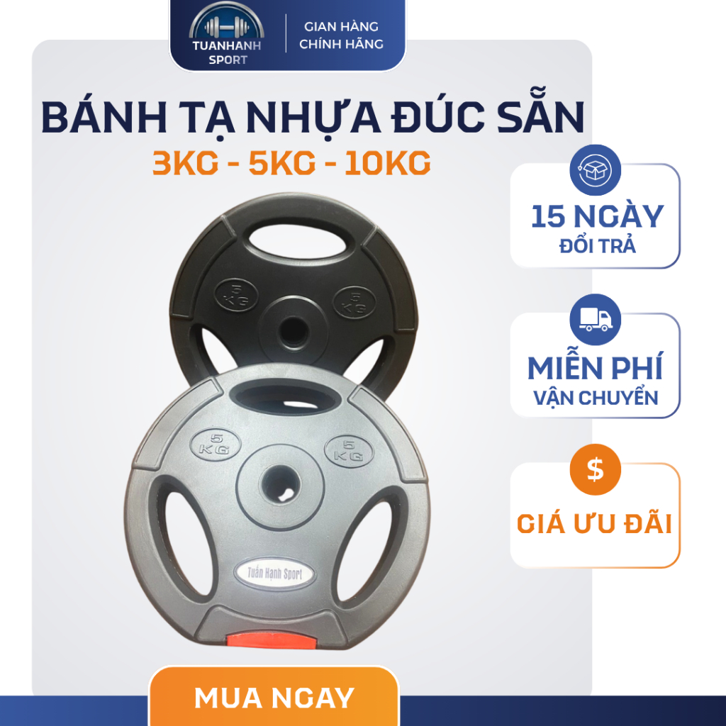 Bánh Tạ Nhựa Đúc Sẵn 3kg - 5kg - 10kg Lõi Xi Măng – Tạ Tập Gym Tại Nhà Cho Nam Nữ, Đĩa Tạ Siêu Bền Đ