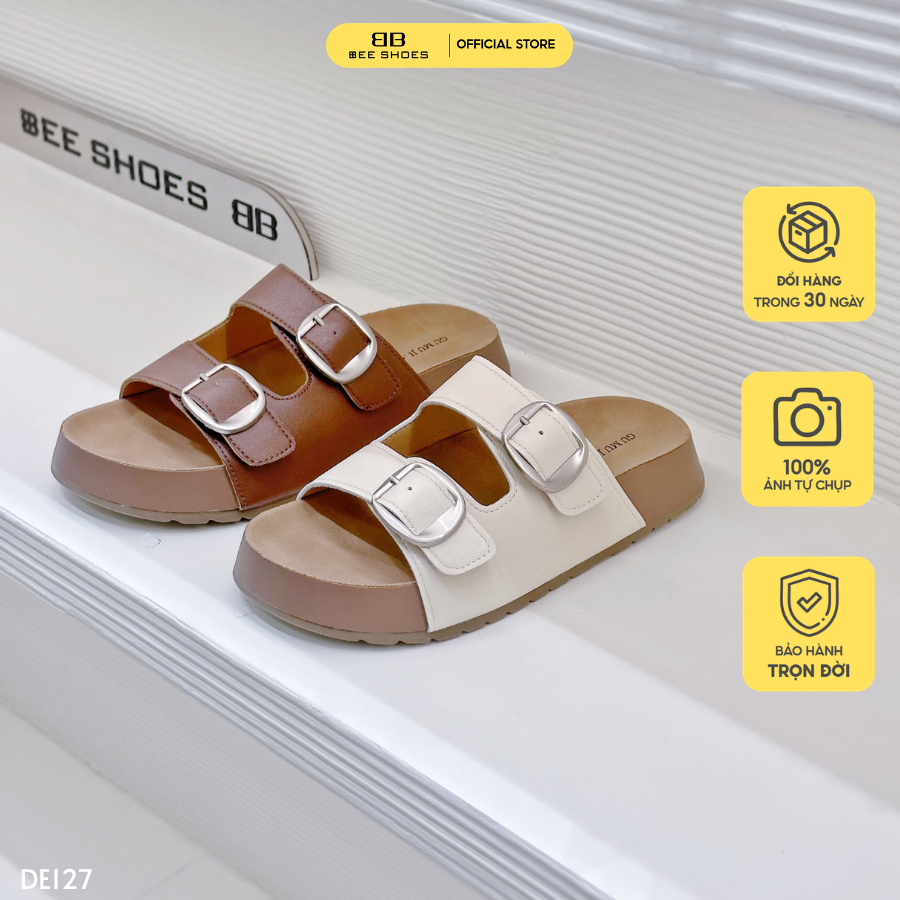 Dép nữ BEESHOES 2 quai ngang, mũi tròn đế bằng cao 3 phân sẵn màu nâu - kem DE127 (Form 1.5)