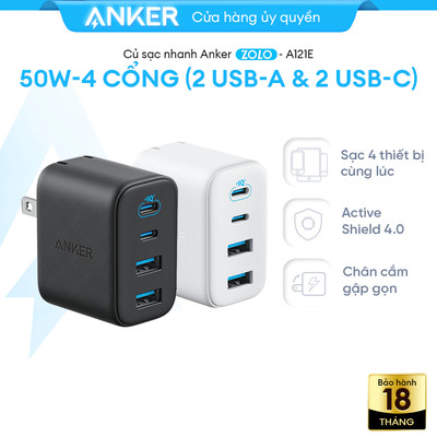 Củ sạc nhanh Anker Zolo 50W, 4 cổng (2*USB-C & 2*USB-A), Chân gập gọn nhẹ, Sạc nhanh nhiều thiết bị - A121E