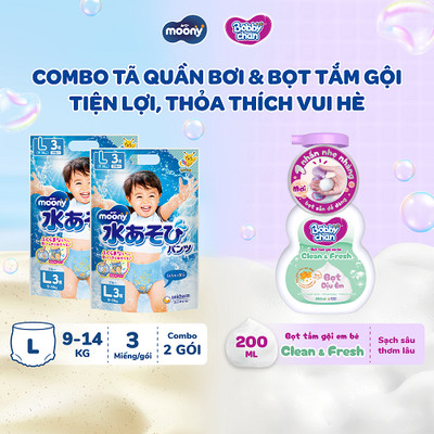 [V] Combo 2 Tã/Bỉm quần bơi Moony bé trai/bé gái size L3/XL3 & Bọt tắm gội 200ml