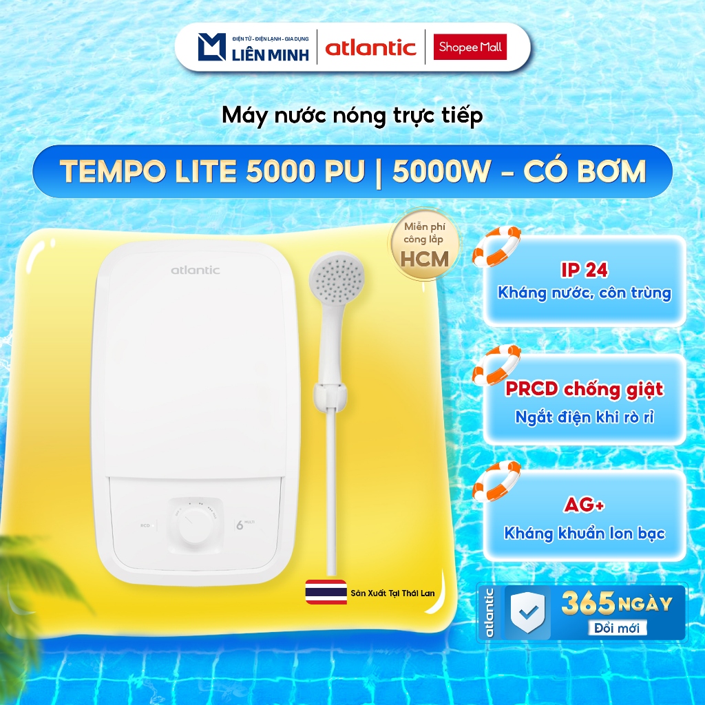 [ATLANTIC - Miễn Phí Công Lắp HCM] TEMPO LITE 5000 PU -  Máy Nước Nóng Trực Tiếp Atlantic 5000W - Bả