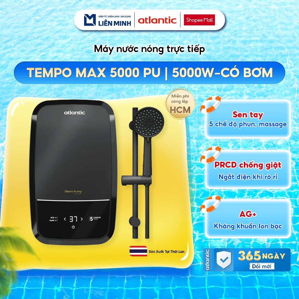 [ATLANTIC - Miễn Phí Công Lắp HCM] Tempo Max 5000 PU - Máy Nước Nóng Trực Tiếp Atlantic 5000W Bơm Tr