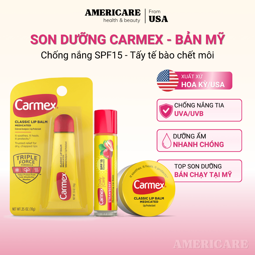 Son Dưỡng Carmex BẢN MỸ, Son Dưỡng Chống Nắng SPF 15, Carmex Lip Balm Tuýp Thỏi Hũ