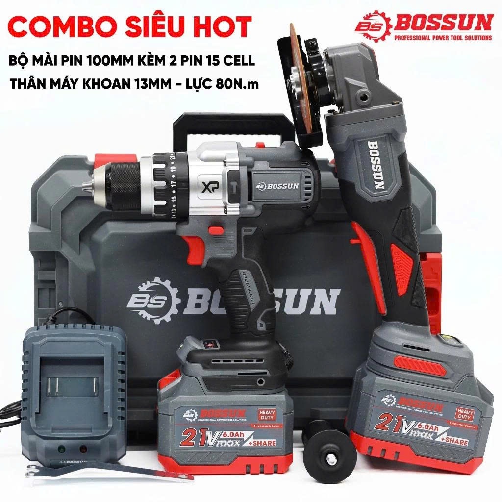 Combo BOSSUN 21V Máy Mài Góc M21B-AG100PRO + Máy Khoan Pin 13mm M21B-ID1380BL – 80Nm, Brushless, 2 P