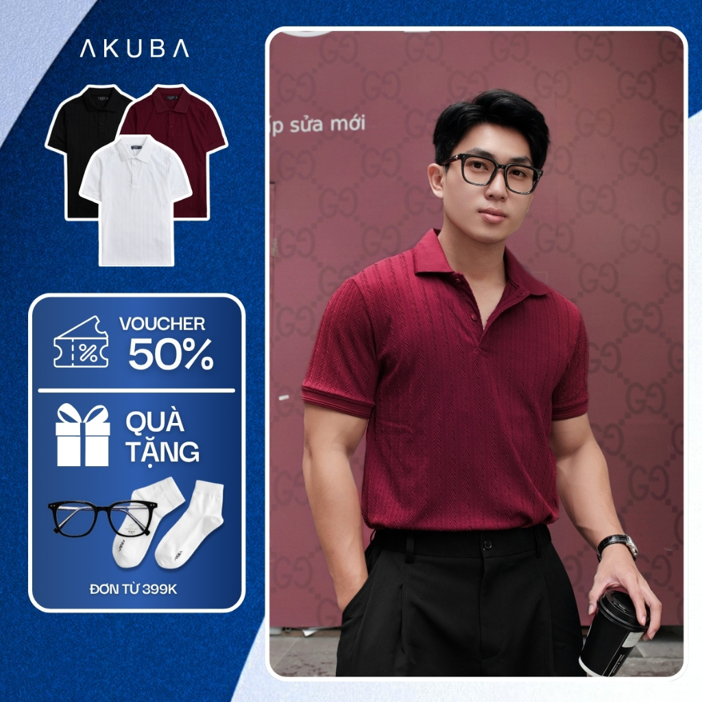 Áo Polo Nam AKUBA Dệt Họa Tiết, Chất Polyester Cao Cấp, Form Slimfit, Co Giãn Thoáng Mát | 01HE1299