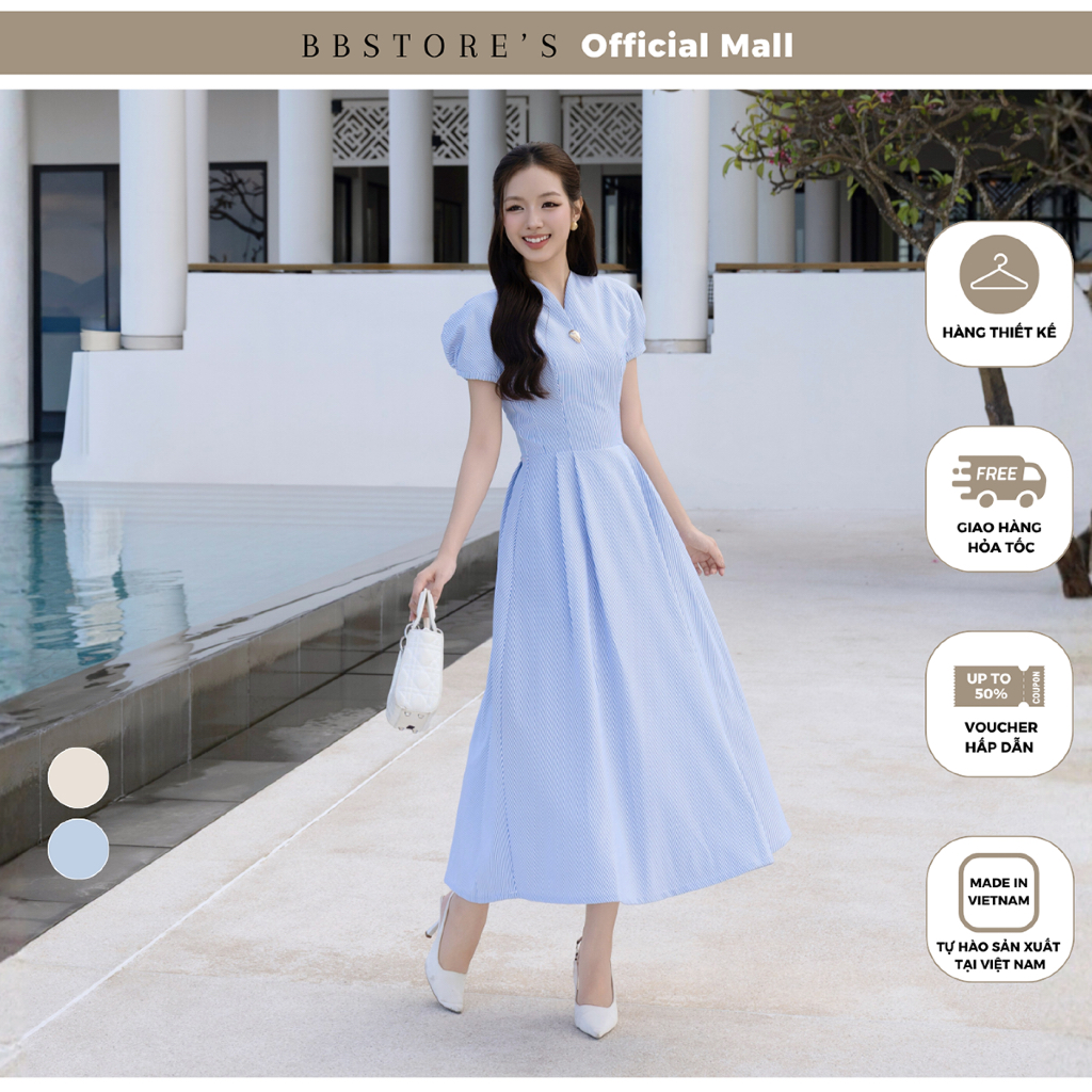 BBSTORE'S Đầm Xòe Dạo Phố Cotton Dài Ford Sọc Tay Ngắn Phồng Kèm Tag Kim Loại - DAE45B