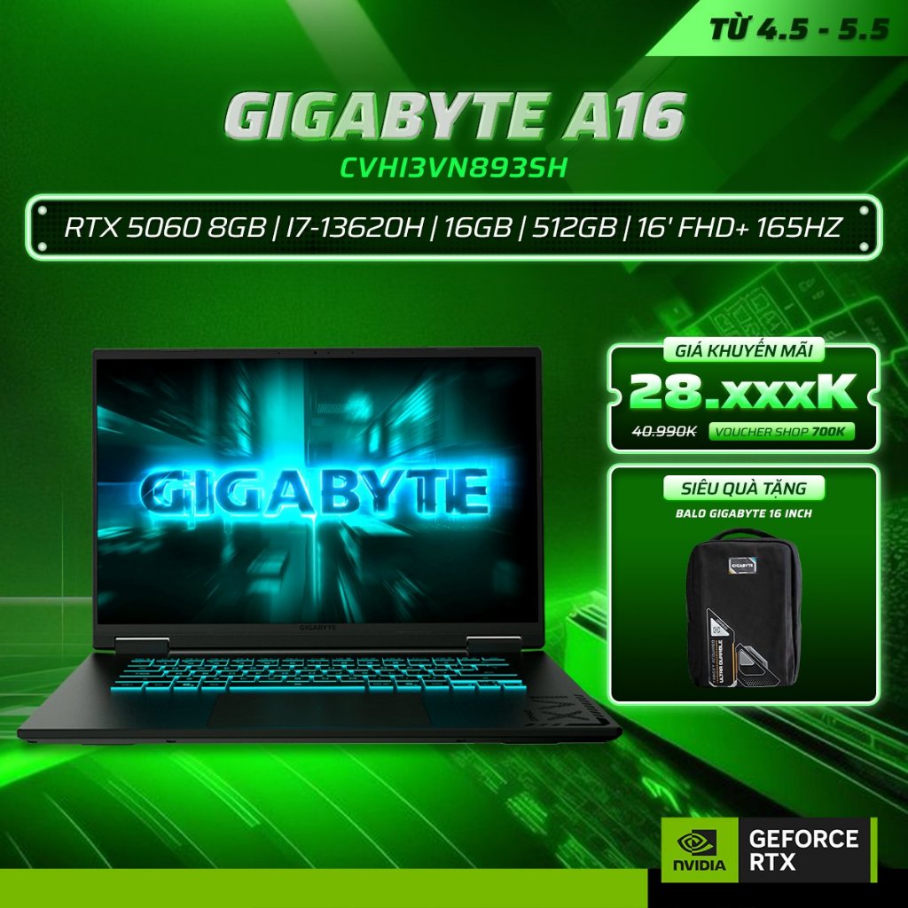 Laptop Gigabyte Gaming A16 CVHI3VN893SH  GeForce RTX™ 5060 8GB / Chip i7-13620H / Ram 16GB / 512GB