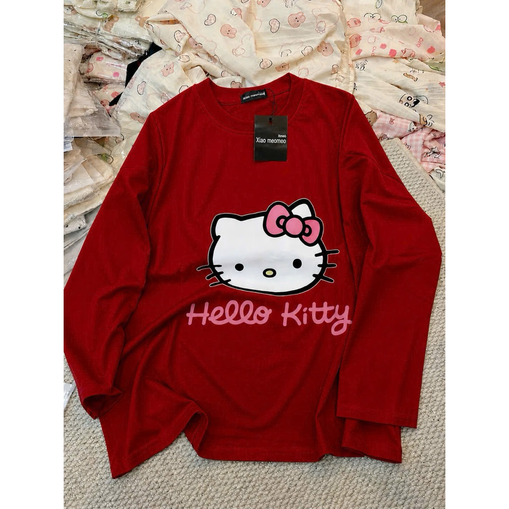 Áo thun dài tay in hình hello kitty + chữ hello kitty