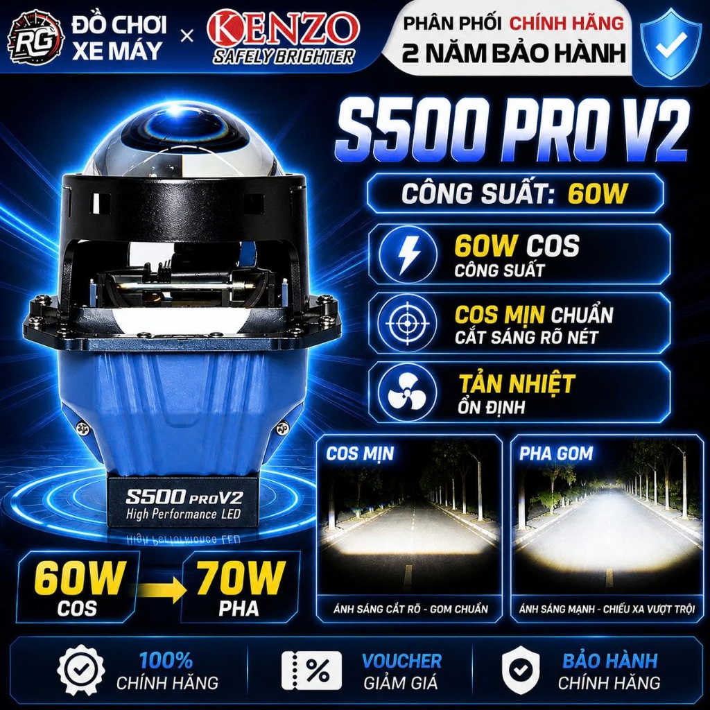 Kenzo S500 Pro V2 - Đèn Bi Cầu Led S500 Pro 70W Siêu Sáng, Nhiệt Màu 5500K - Bảo Hành 24 Tháng
