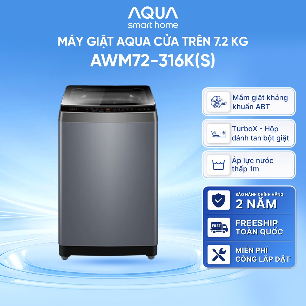 Máy giặt cửa trên AQUA 7.2 kg AWM72-316K(S) - Bảo hành 3 năm - Freeship toàn quốc