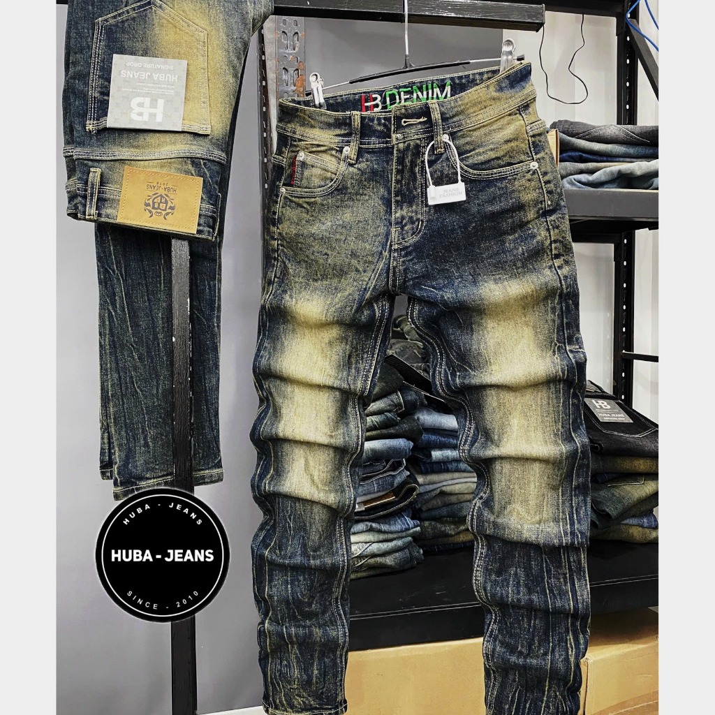 Quần jeans nam HUBA-JEANS denim slimfit biker tà lượn với túi purple Menswear Pants