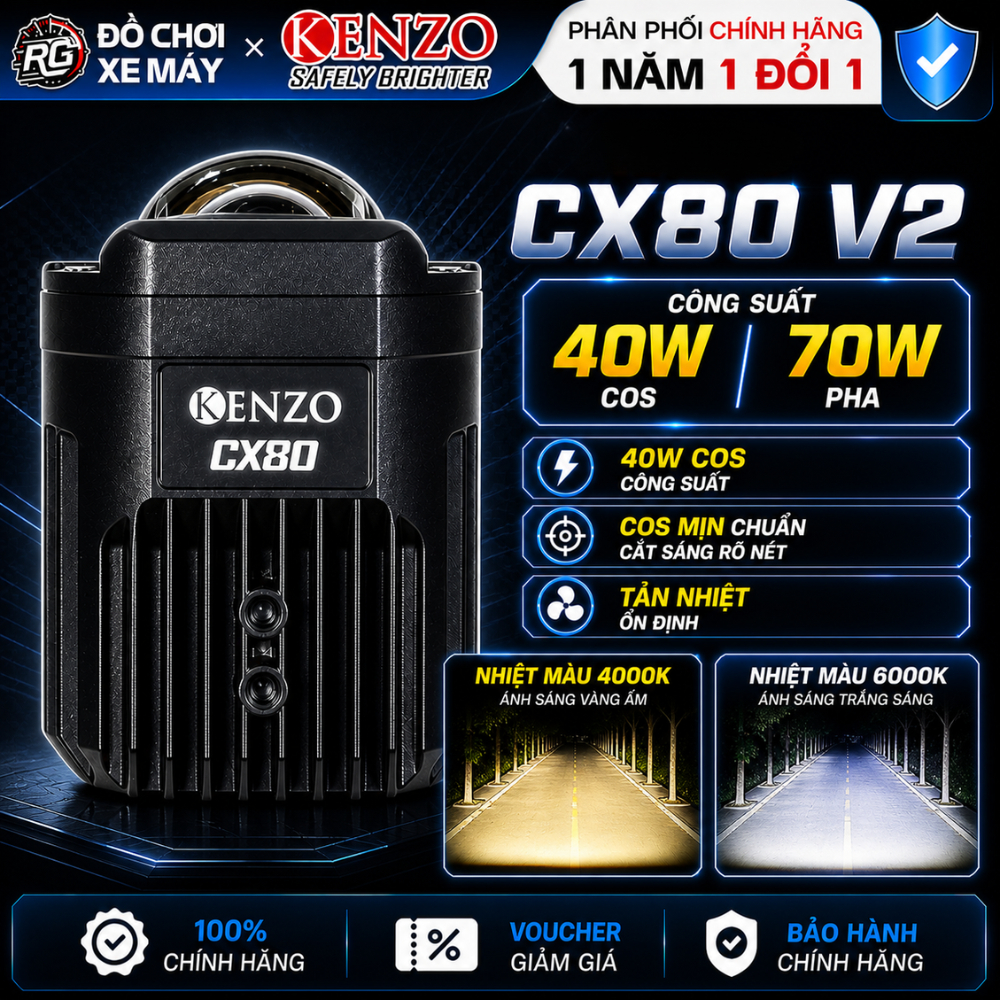 [BH 12 Tháng] KENZO CX80 V5 2026 - Đèn Trợ Sáng Bi Cầu CX80 Ver 5 70W Chống Nước, Ánh Sáng Mạnh
