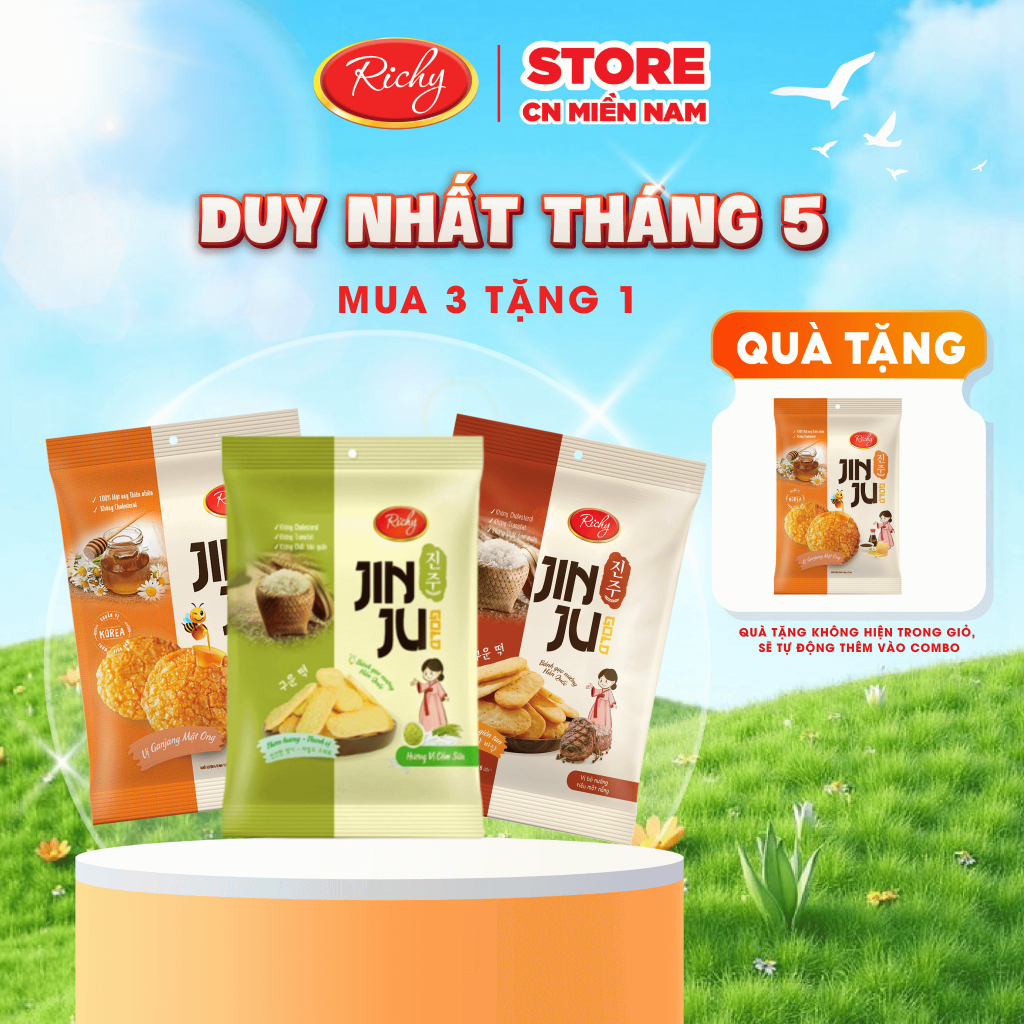 [HCM | MUA 3 TĂNG 1]  Tổng 4 gói bánh gạo Hàn Quốc Jinju Richy vị cốm sữa ganjang mật ong và bò nướn