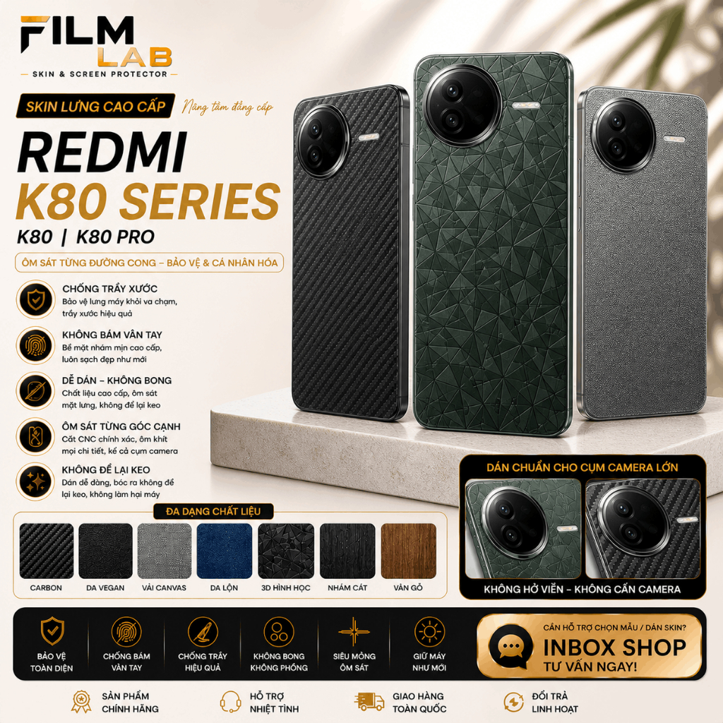 Miếng Dán skin Redmi K80 / K80 Pro / K80 Ultra -EPU Full Họa Tiết Chìm - Chống Trầy Tự Phục Hồi