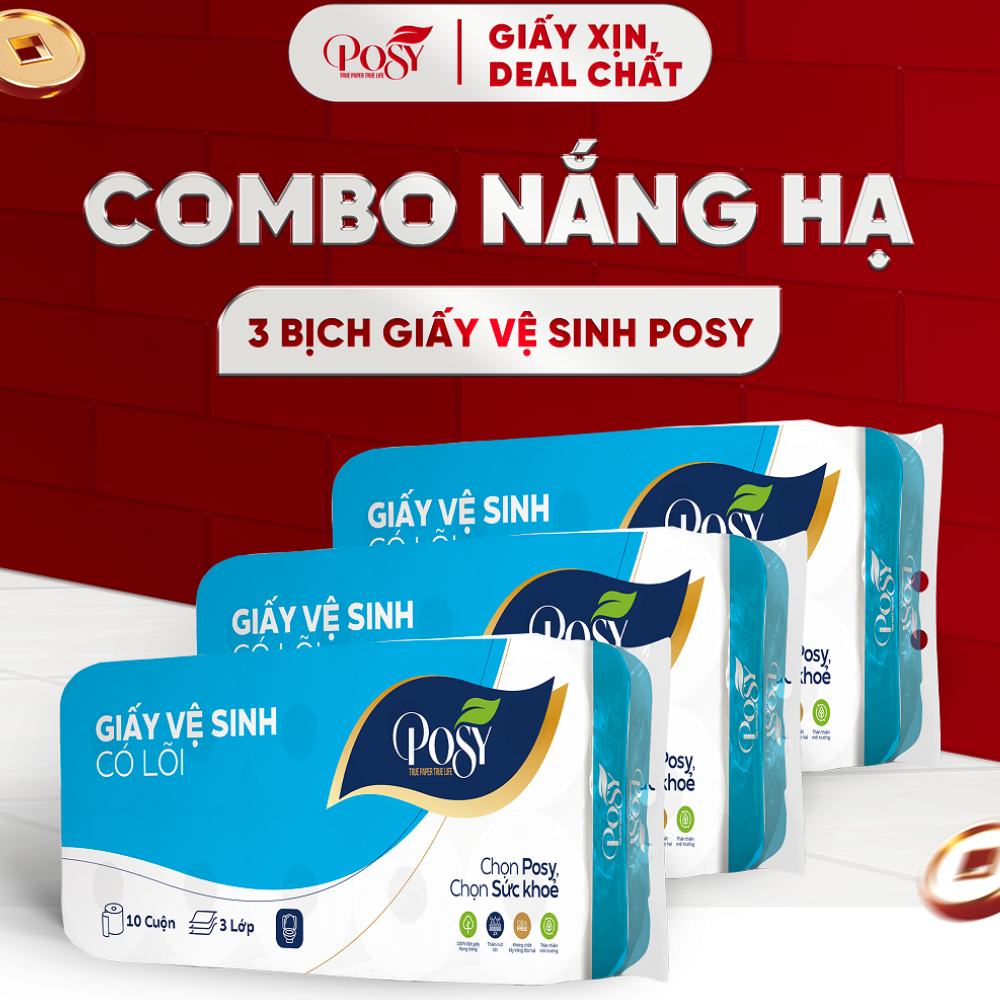 POSY_[LIVE KOL]_ POSY_Combo 3 giấy vệ sinh POSY 10 cuộn 3 lớp ko lõi/có lõi mềm mại dễ tan trong nướ