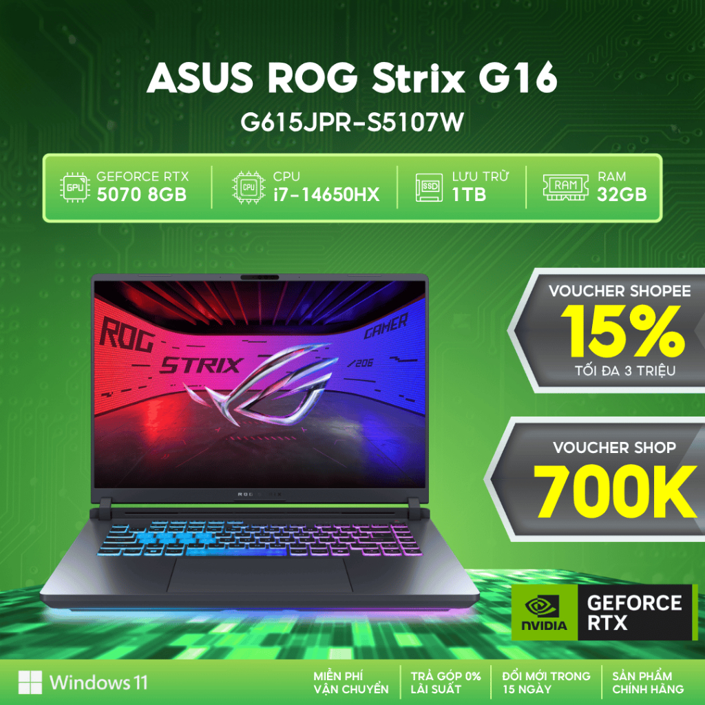 Laptop ASUS ROG Strix G16 G615JPR-S5107W GeForce RTX™ 5070 8GB / i7-14650HX / 32GB / 1TB / 16' 2.5K