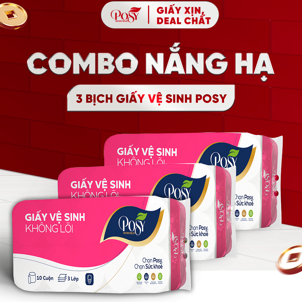 POSY_[COMBO NẮNG HẠ] - Combo 3 bịch giấy vệ sinh POSY 10 cuộn 3 lớp có lõi/ không lõi mềm mịn, dễ ta