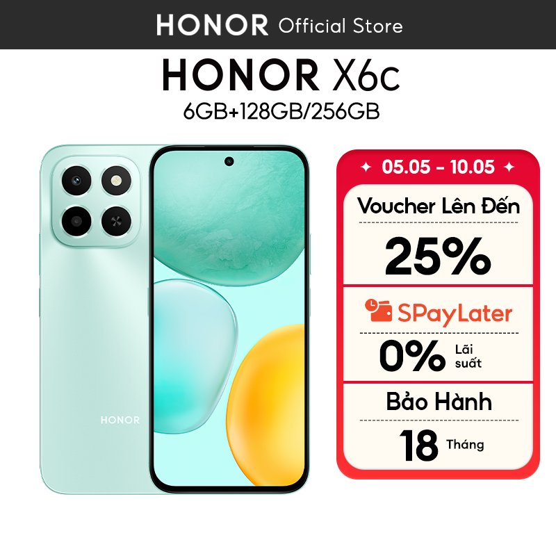 Điện Thoại Di Động Honor X6c 6GB + 128GB/256GB | Pin 5300mAh | Camera 50MP| NFC | Kháng nước IP64 | BH 18 Tháng