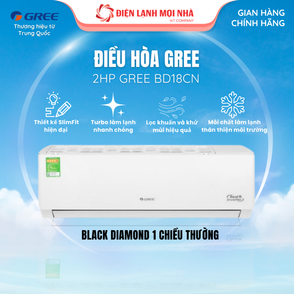 Điều hòa Gree BD18CN 2HP – Làm lạnh nhanh, bền bỉ Kim Cương Đen, I-Feel thông minh, phù hợp phòng 20