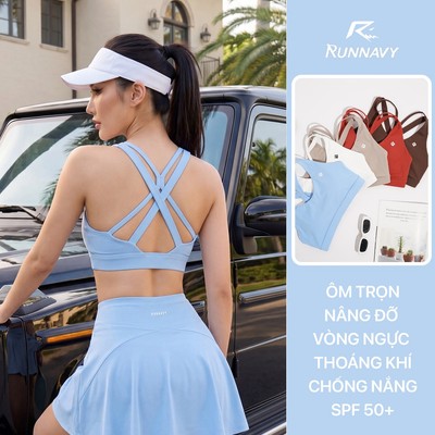 Áo tập gym yoga nữ WBR38 Run Navy, áo bra dây áo đan chéo mềm mại, vải Ecofriend