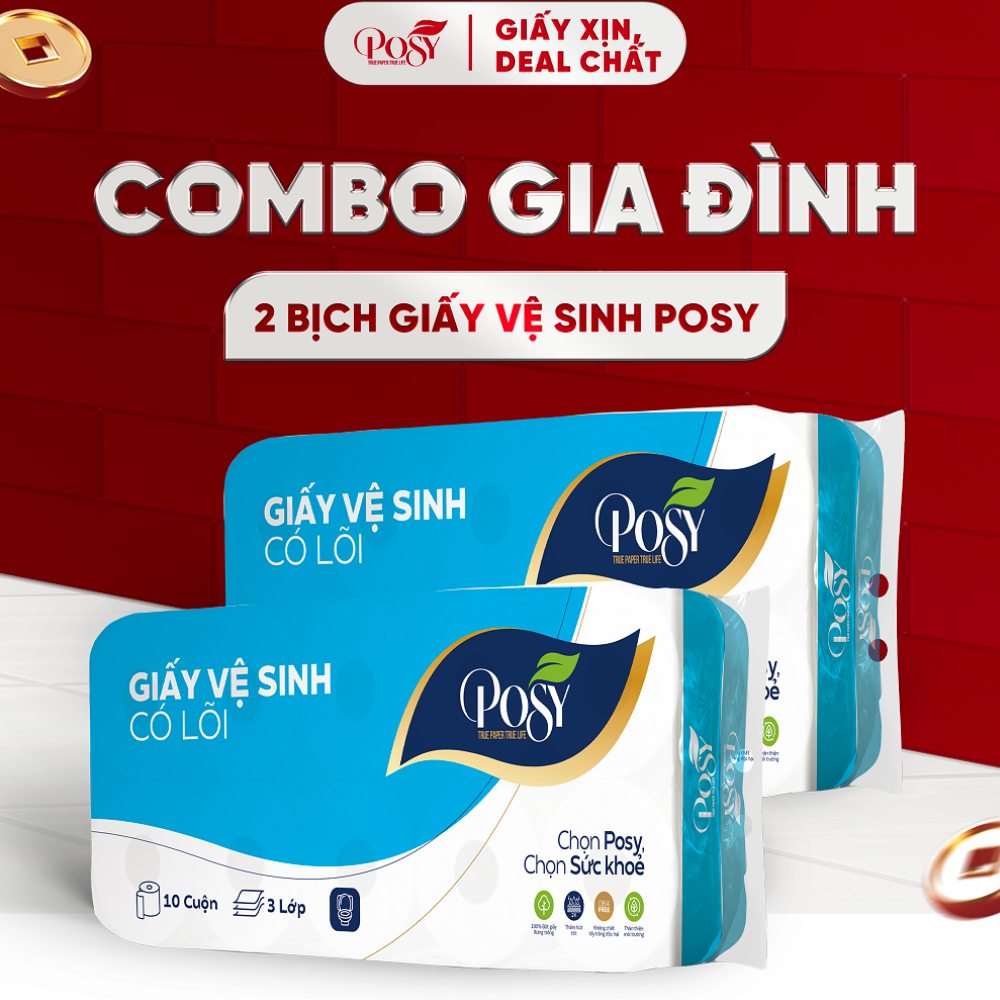 POSY_[LIVE KOL] POSY_COMBO GIA ĐÌNH _ 2 bịch Giấy vệ sinh POSY 10 cuộn 3 lớp không lõi - có lõi mềm 
