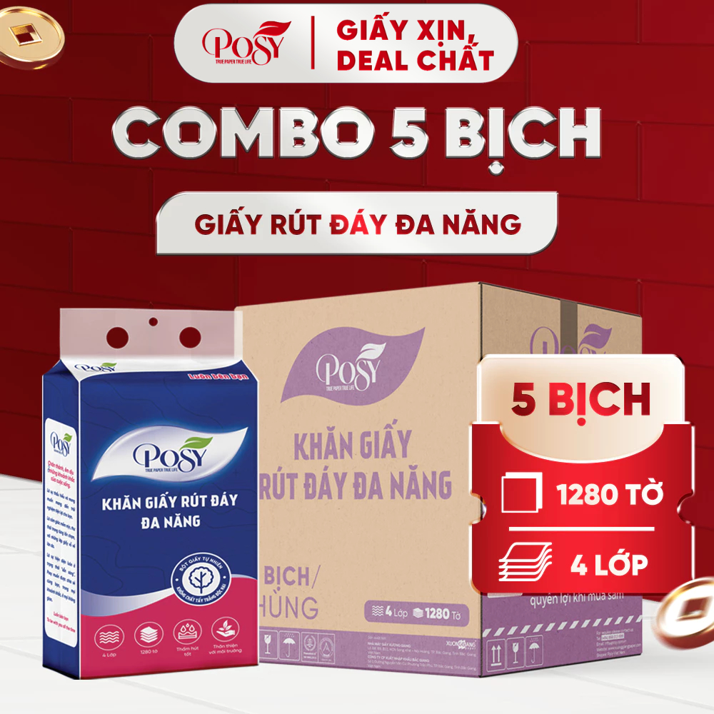 POSY_THÙNG 5 BỊCH KHĂN GIẤY RÚT ĐÁY ĐA NĂNG POSY 1280 TỜ 4 LỚP MỀM MỊN SIÊU TIẾT KIỆM